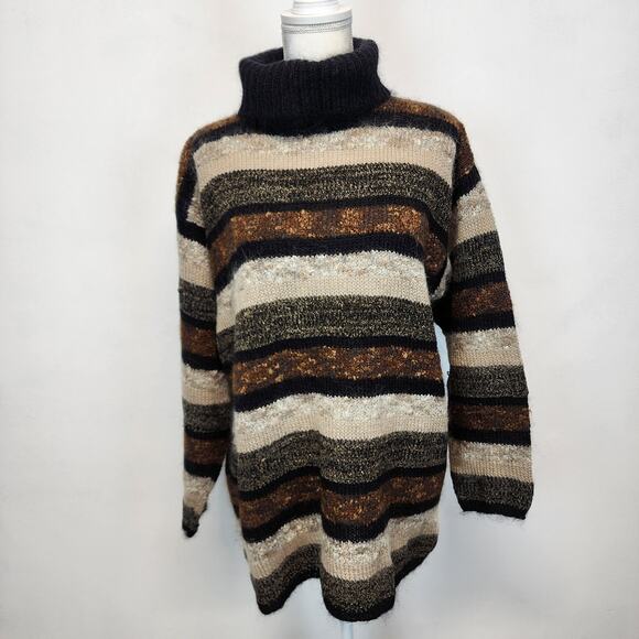 Vtg 90s Valerie Stevens Turtleneck Tunic Sweater Size L Striped Mohair Relaxed - Picture 1 of 14